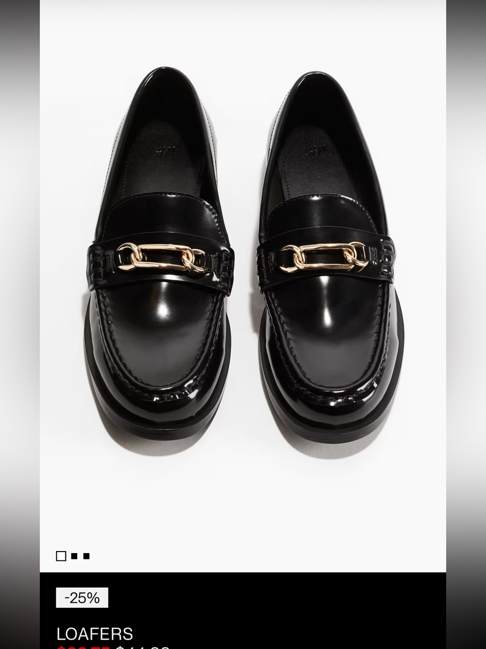 H&M Black Patent Loafers with Gold Chain Accent